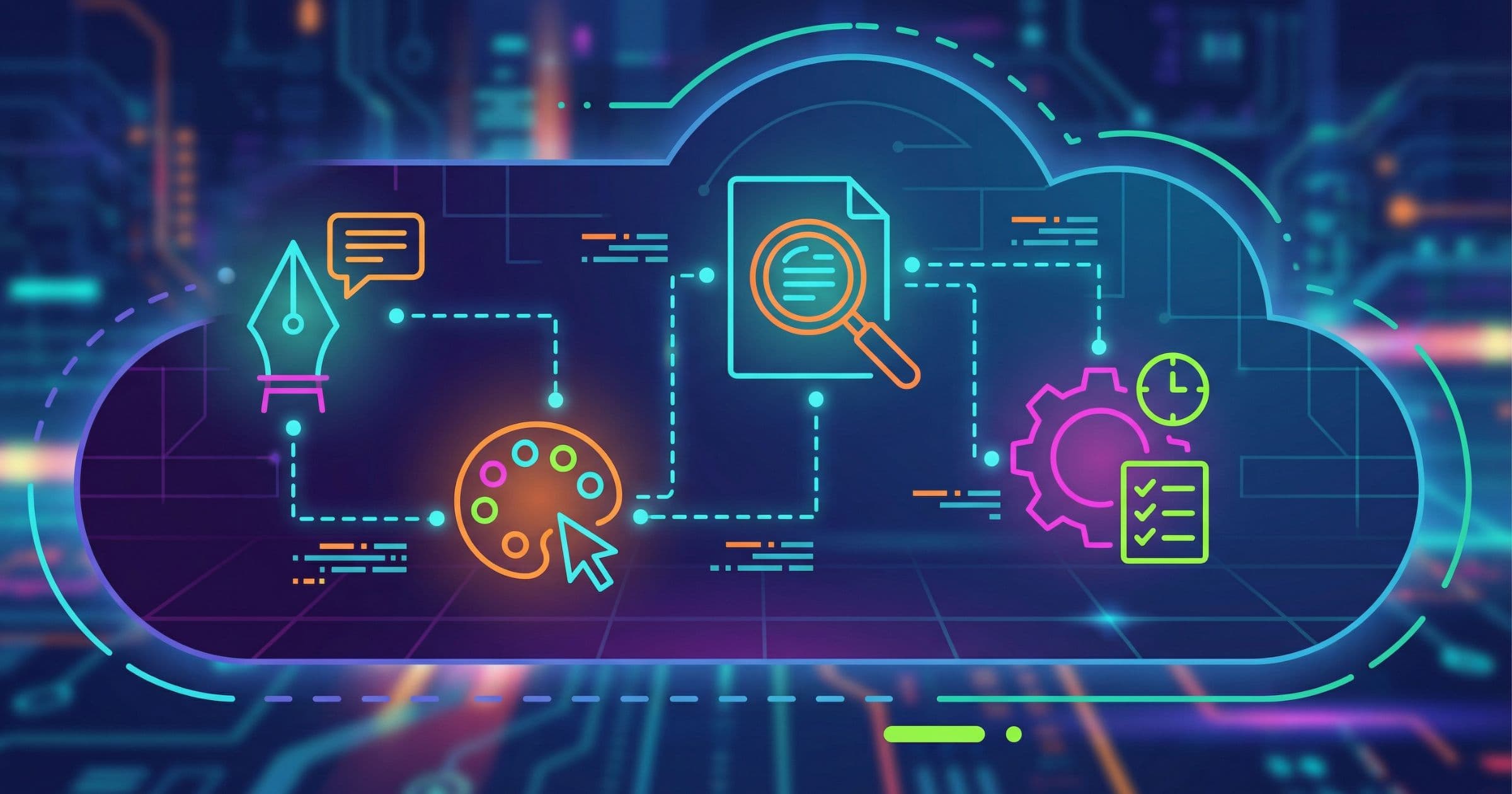 Colorful digital illustration showing multiple free AI tools like writing, design, and research icons interconnected in a futuristic workspace.