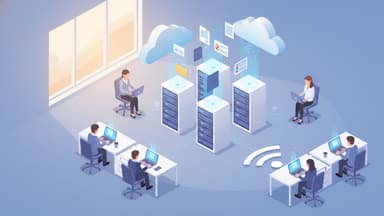 cloud storage servers with business documents floating upward into digital clouds, modern office setting with multiple devices syncing, warm lighting, modern flat style, soft blue and white colors, clean professional details