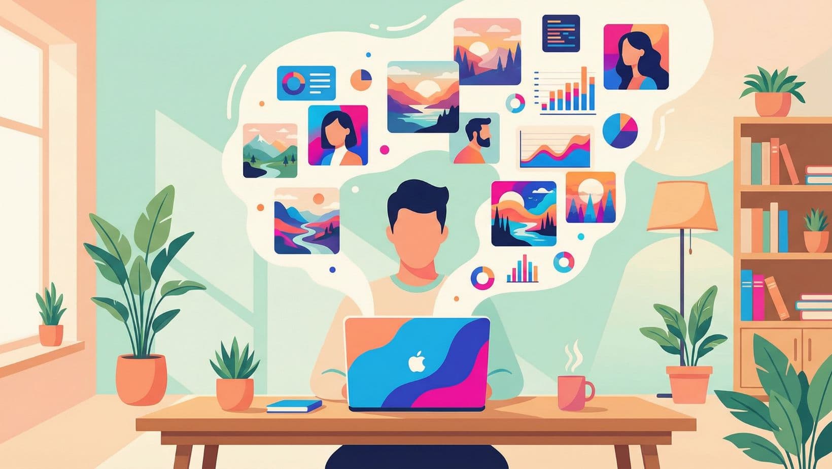 a person using a laptop with colorful AI-generated images floating around the screen, modern workspace setting