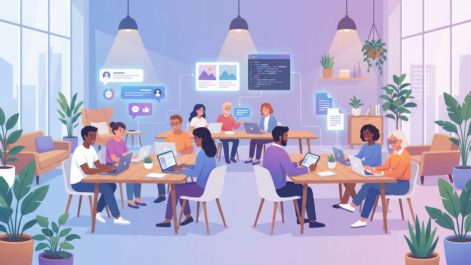a diverse group of people using laptops and tablets with various AI interface elements floating around them (chat bubbles, images, code, documents), modern collaborative workspace