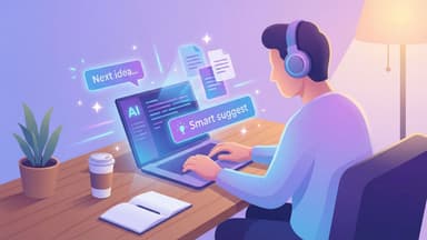 a person writing on a laptop with AI interface elements like floating text suggestions, document icons, and creative sparkles around the screen, modern workspace with coffee cup