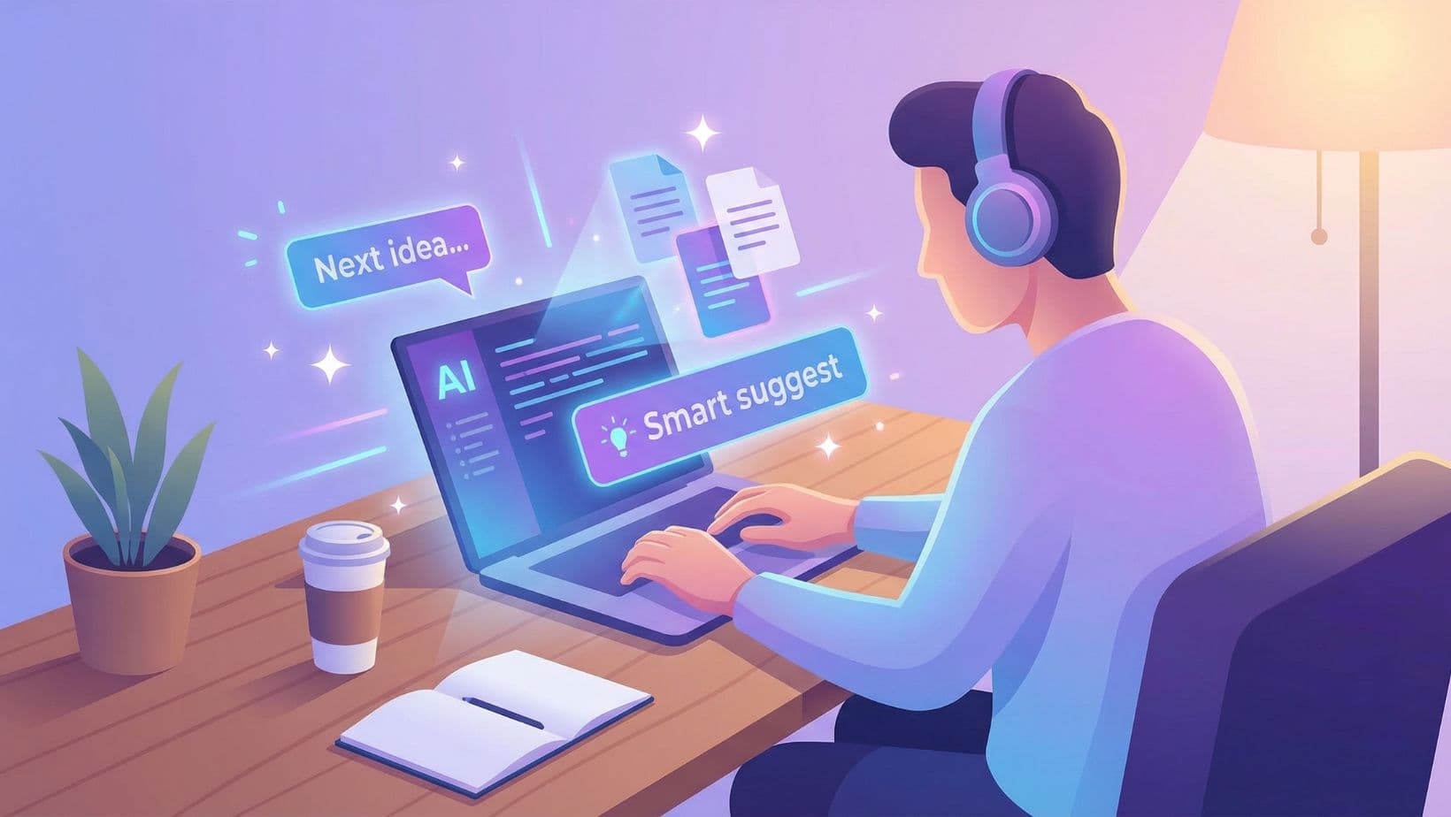 a person writing on a laptop with AI interface elements like floating text suggestions, document icons, and creative sparkles around the screen, modern workspace with coffee cup