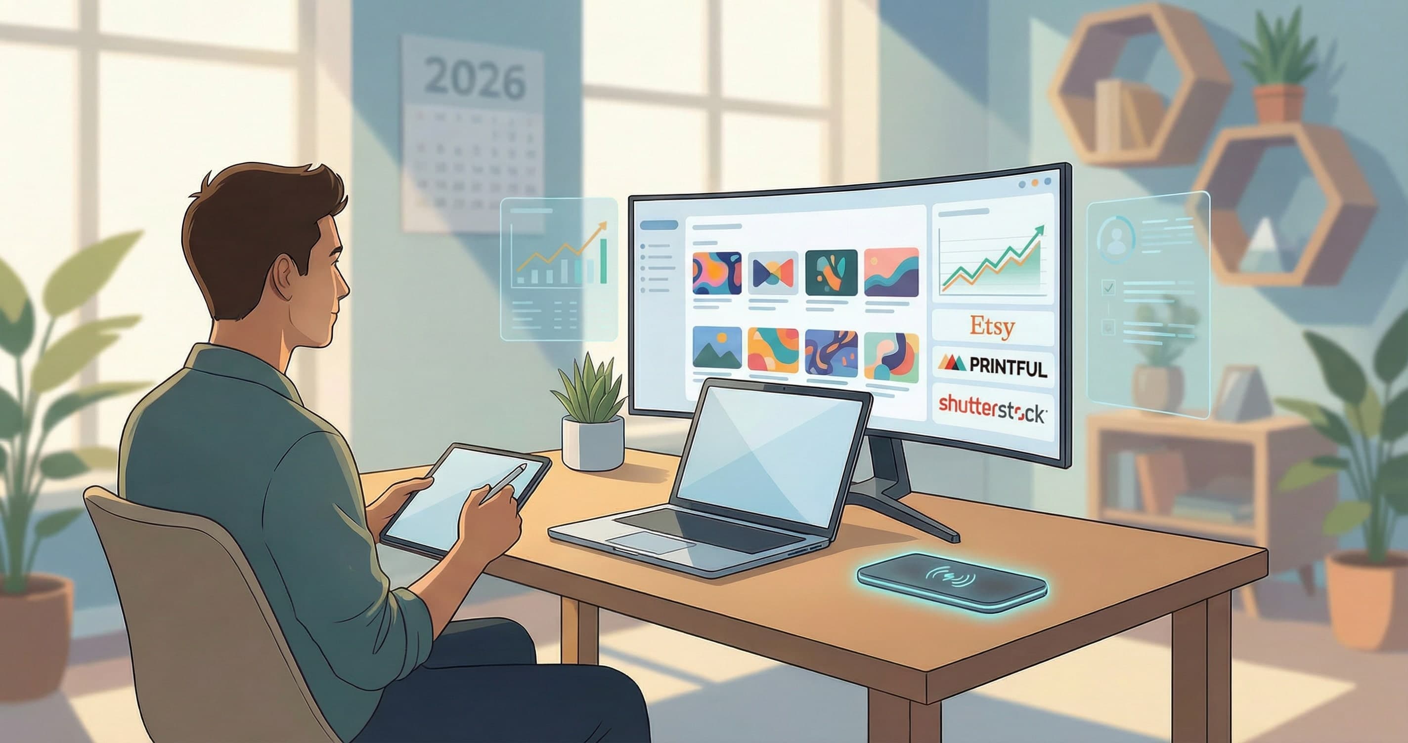 AI artist creating multiple income streams with AI-generated art in 2026 on a laptop and tablet.