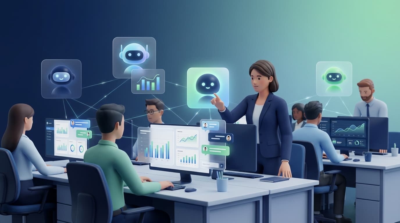 Modern office team collaborating with AI agents for business across dashboards and chat interfaces
