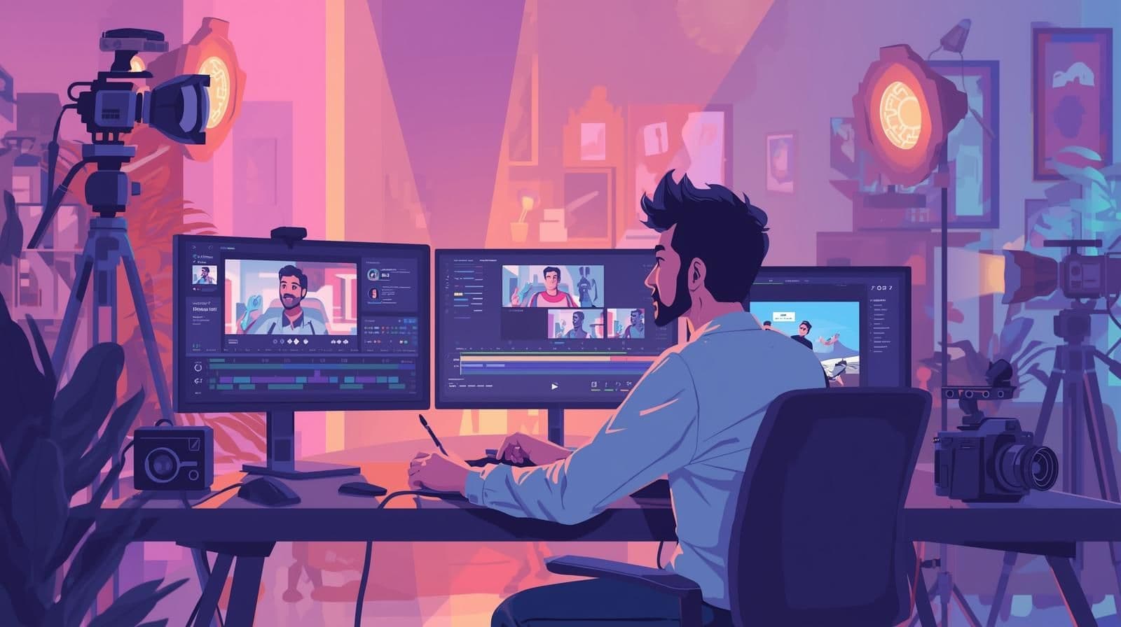 a content creator sitting at a desk with multiple screens showing various video editing interfaces, AI avatars, and video timelines