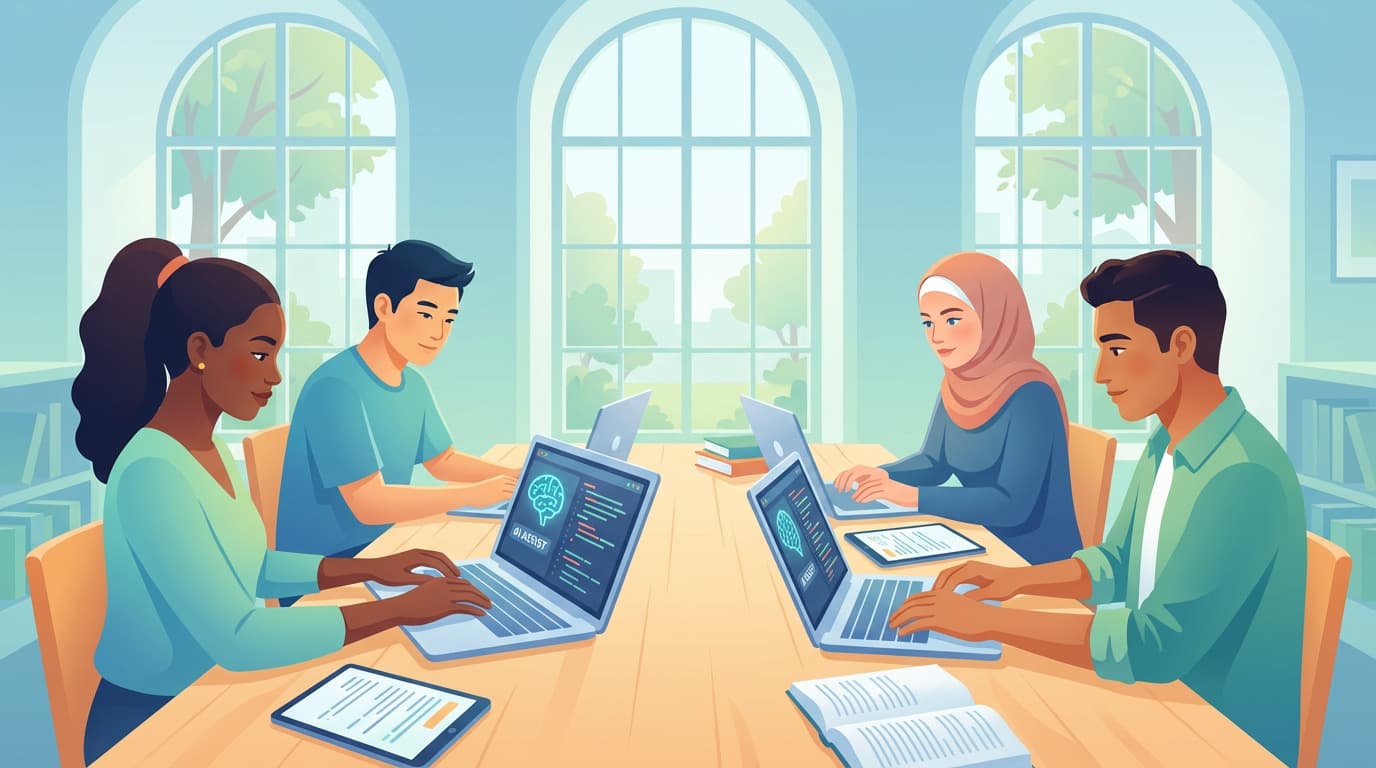 a diverse group of college students studying together at a modern library