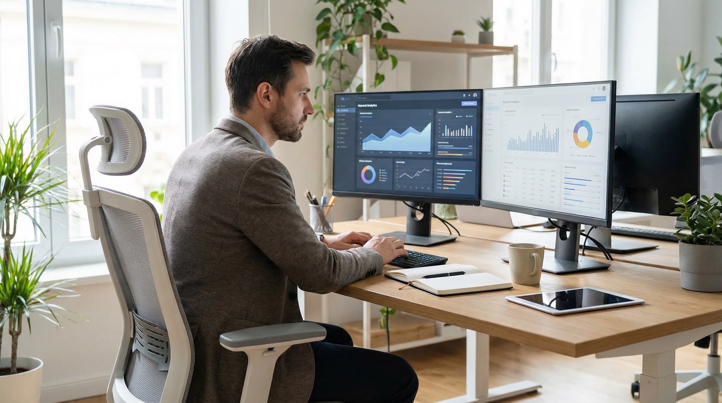Publisher comparing multiple RSOC network dashboards on computer screens